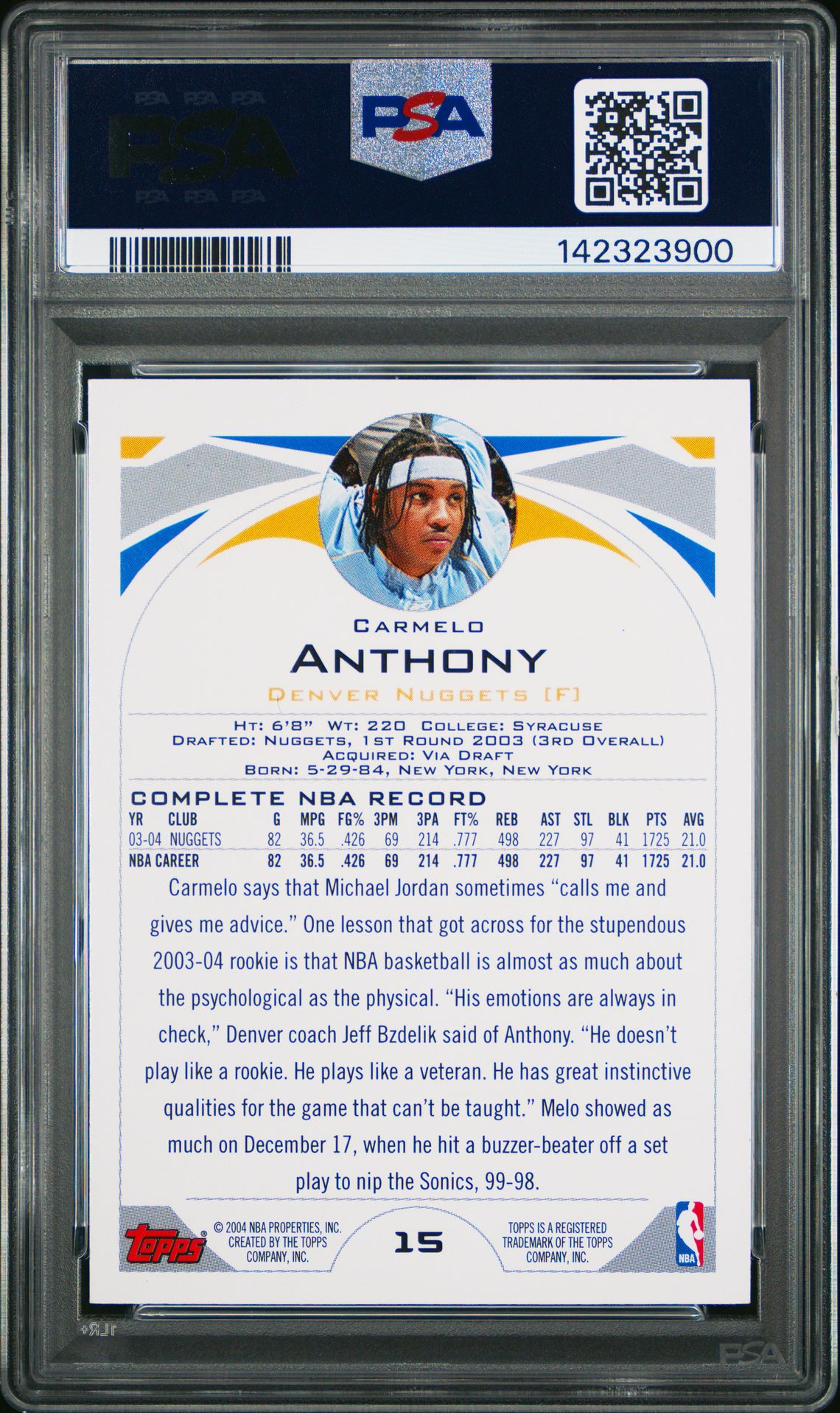 2004 Topps Carmelo Anthony #15 Mint 9 back