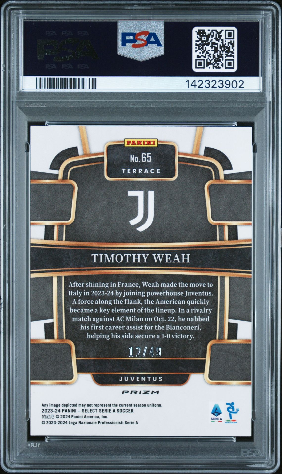 2023-24 Panini Select Serie A Timothy Weah #65 (Red Wave) Gem Mt 10 back