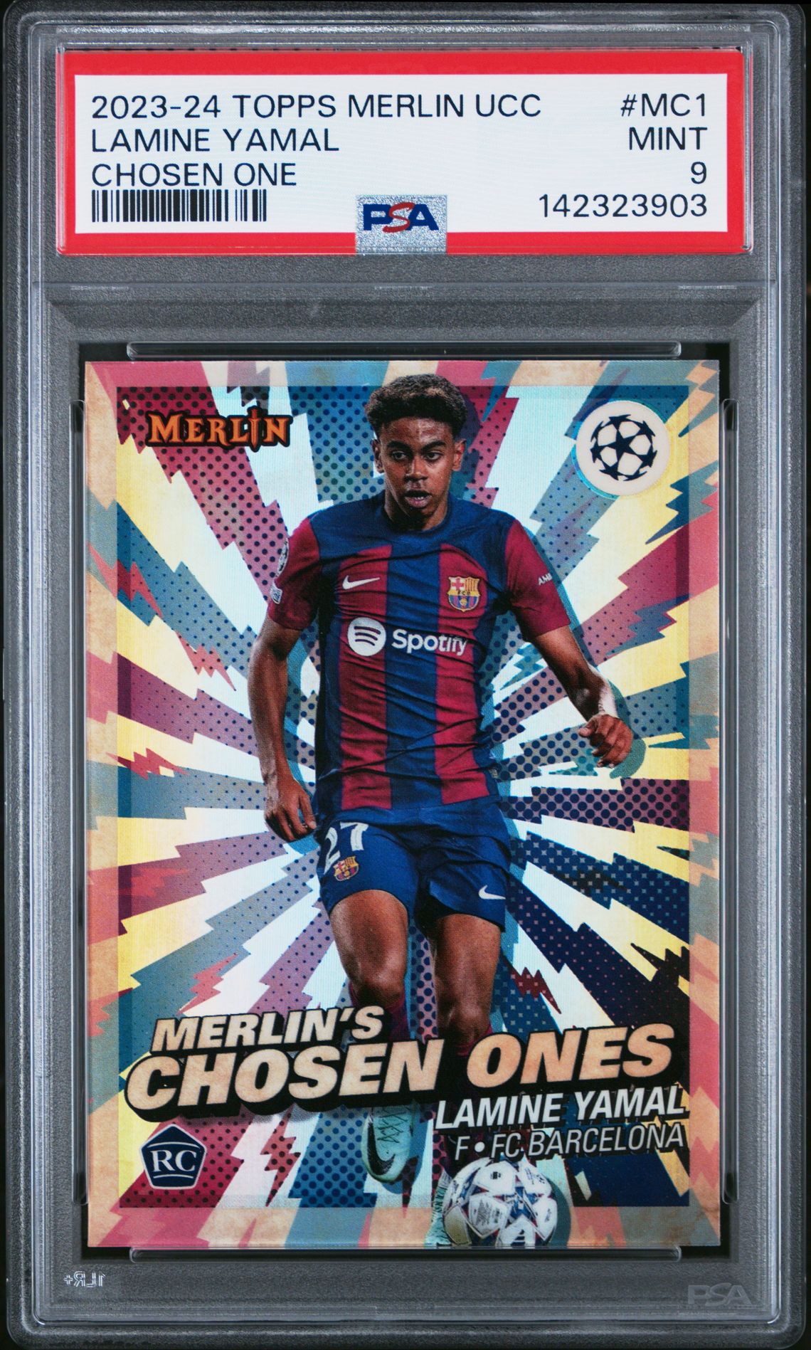 2023-24 Topps Merlin Uefa Club Competitions Merlin's Chosen Ones Lamine Yamal #Mc1 Mint 9 front
