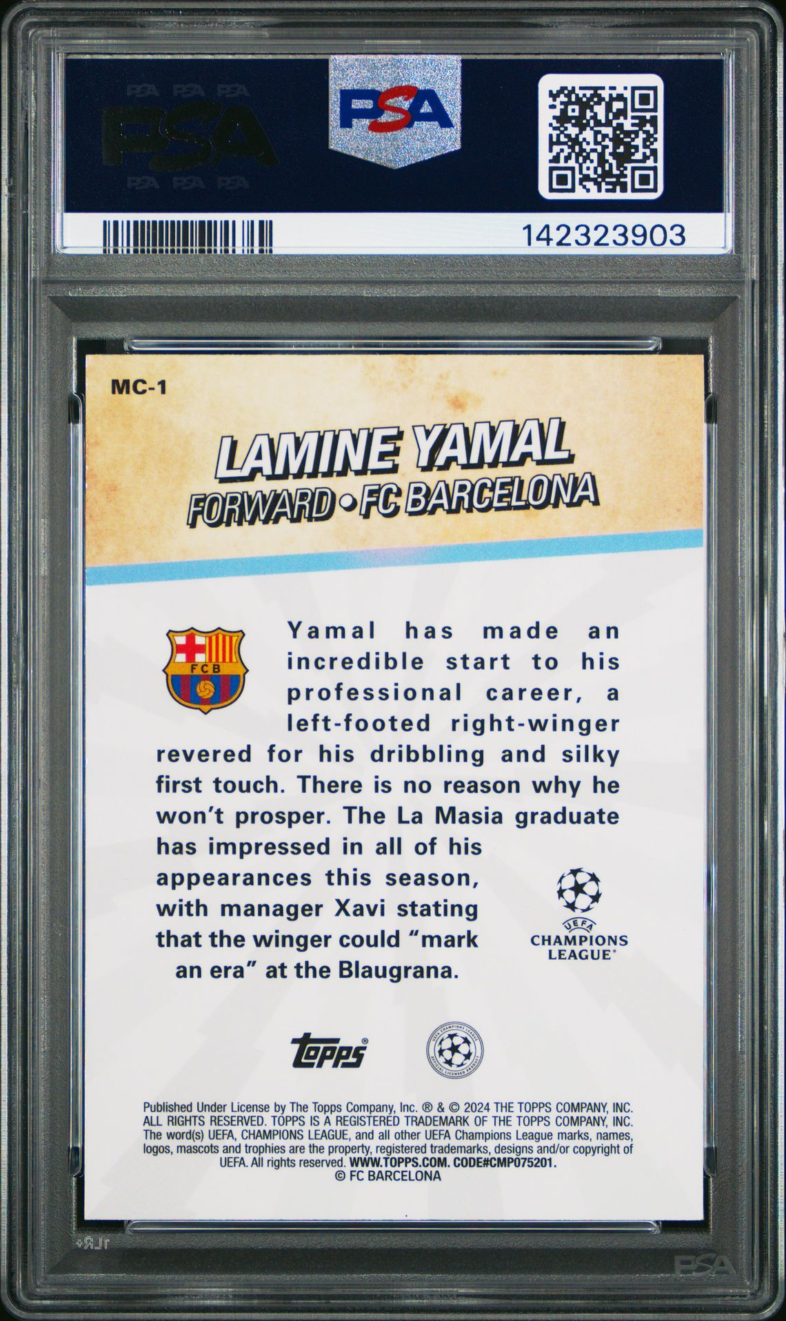 2023-24 Topps Merlin Uefa Club Competitions Merlin's Chosen Ones Lamine Yamal #Mc1 Mint 9 back