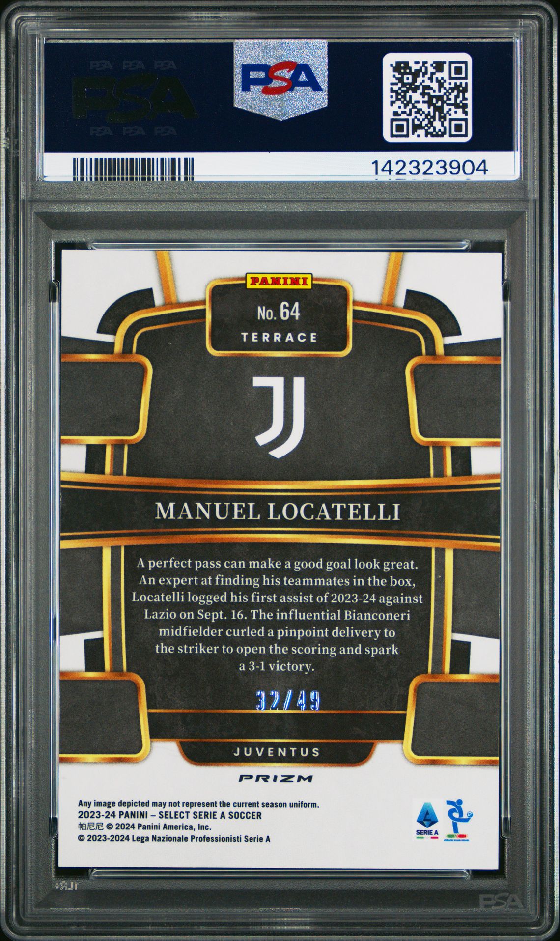 2023-24 Panini Select Serie A Manuel Locatelli #64 (Red Wave) Gem Mt 10 back view - PSA certificate #142323904