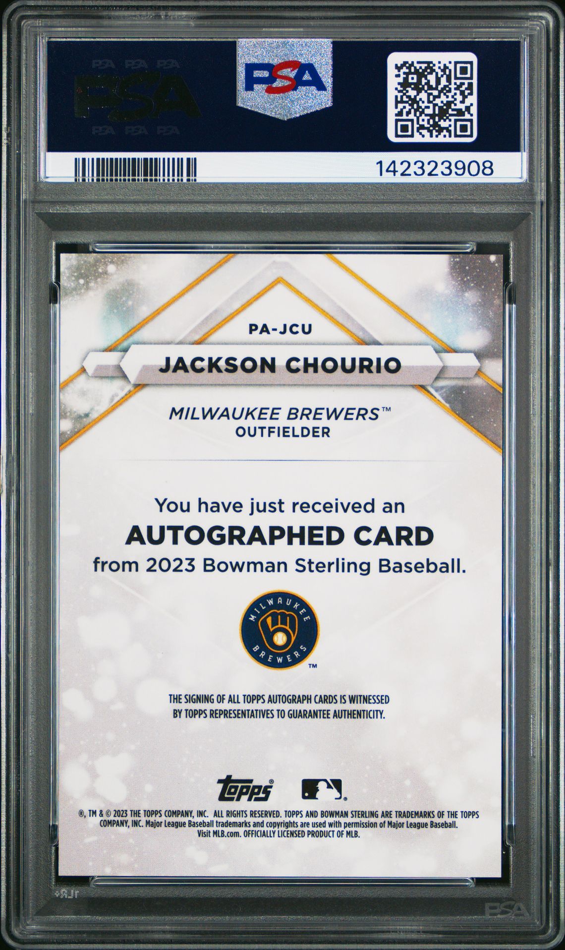 2023 Bowman Sterling Prospect Autographs Jackson Chourio #Pajcu (Prospect Auto-Speckle Ref) Nm-Mt 8 back