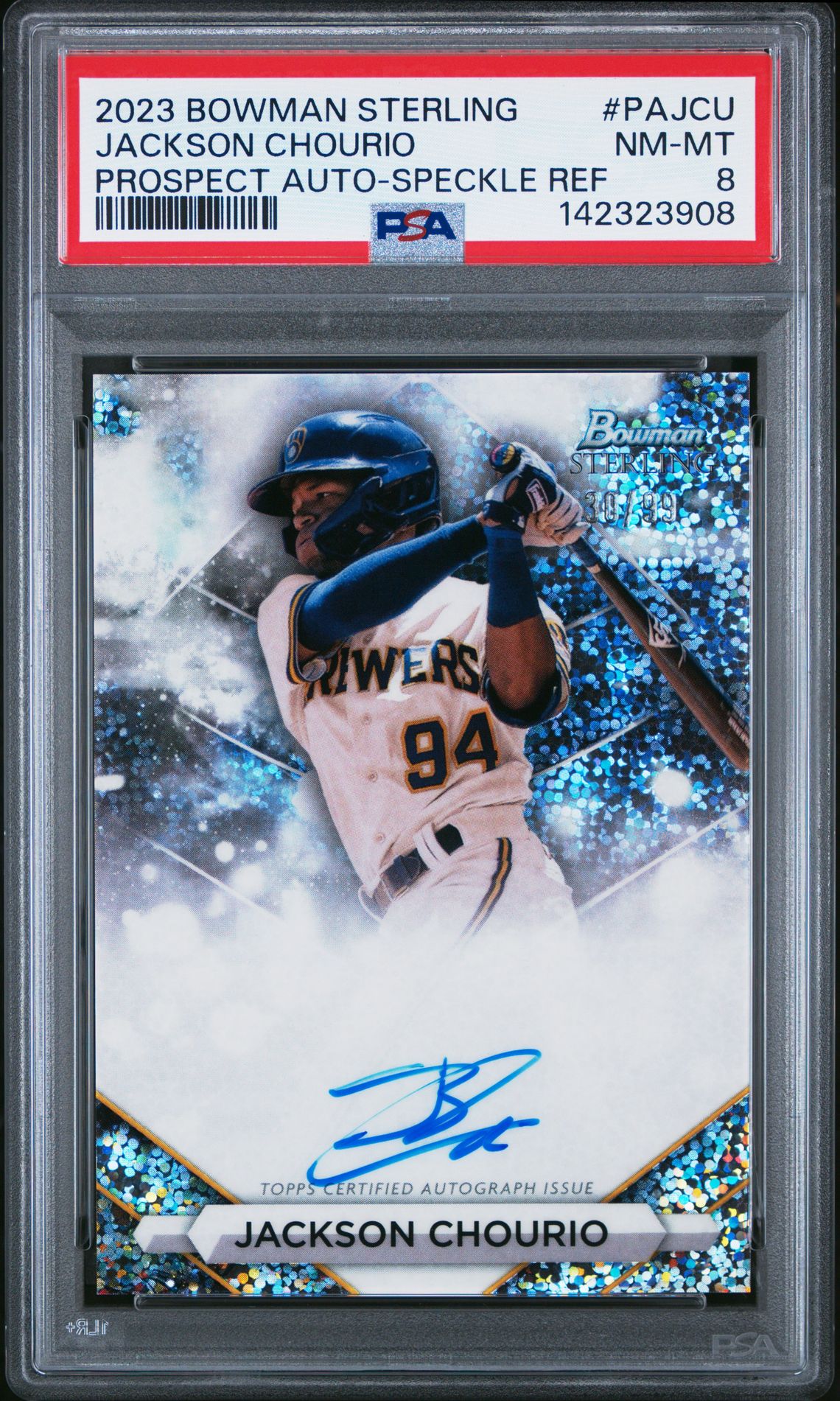 2023 Bowman Sterling Prospect Autographs Jackson Chourio #Pajcu (Prospect Auto-Speckle Ref) Nm-Mt 8 front