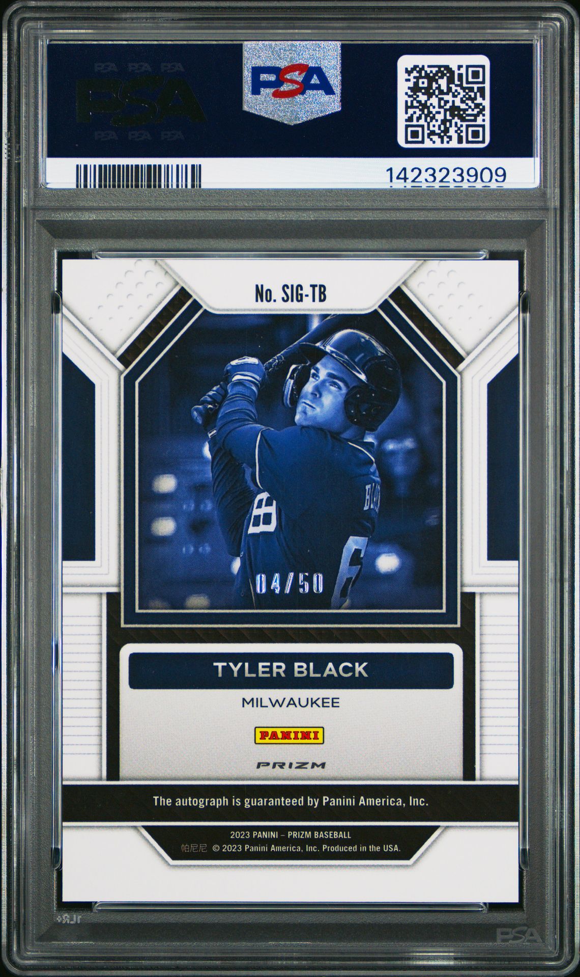 2023 Panini Prizm Signatures Tyler Black #Sigtb (Signature-Orange Wave) Gem Mt 10 back view - PSA certificate #142323909