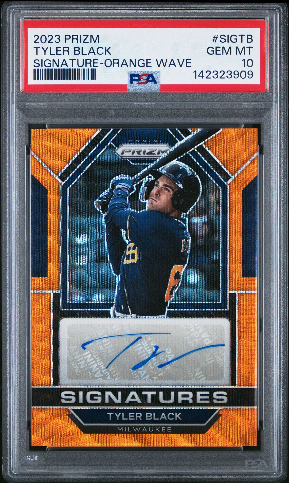 2023 Panini Prizm Signatures Tyler Black #Sigtb (Signature-Orange Wave) Gem Mt 10 front view - PSA graded GEM MT 10