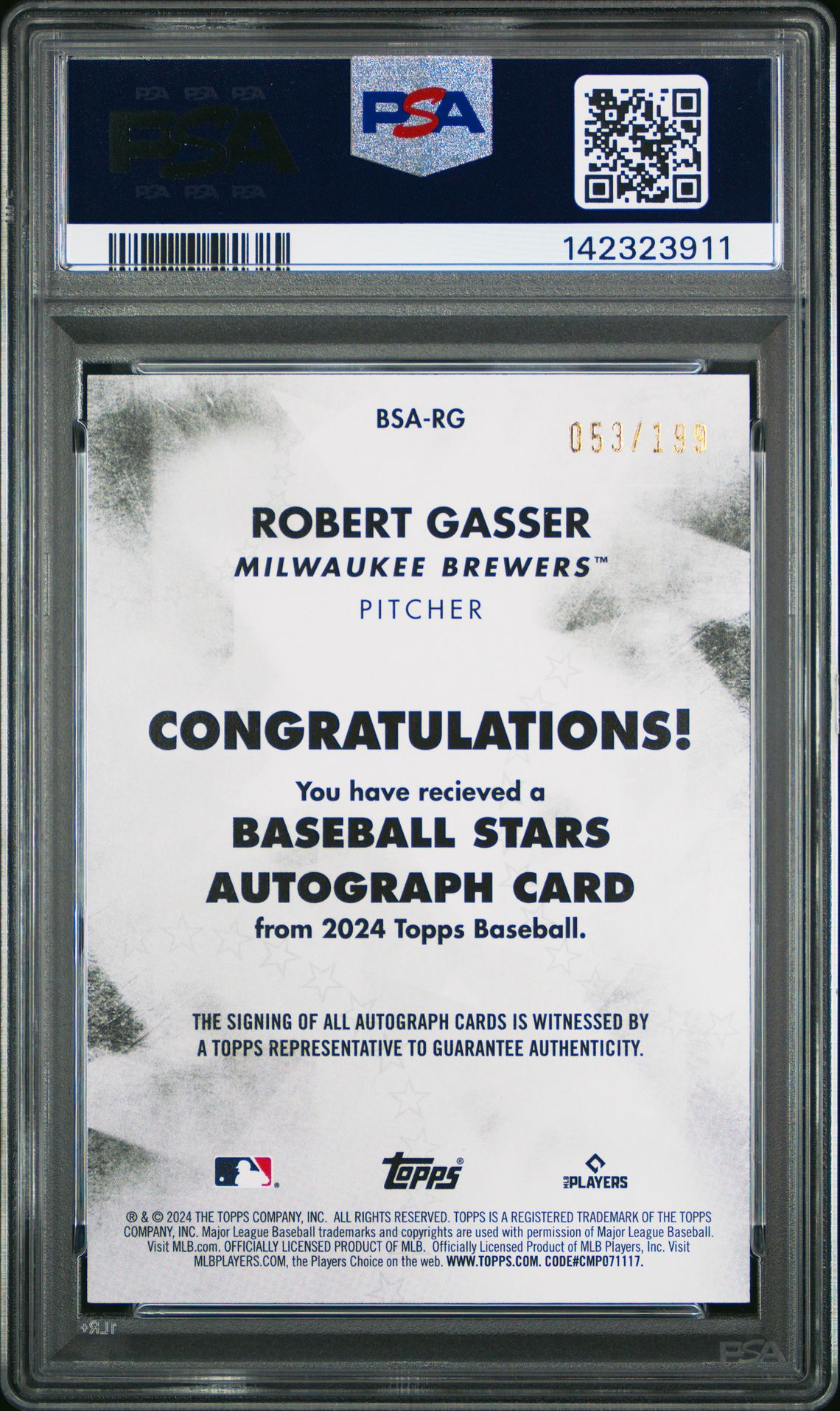 2024 Topps Baseball Stars Autographs Robert Gasser #Bsarg (Baseball Stars Auto-Black) Mint 9 back