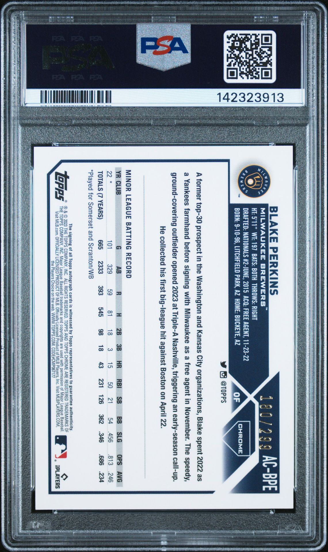 2023 Topps Chrome Update Autograph Blake Perkins #Acbpe (Auto-Purple Speckle Ref) Gem Mt 10 back