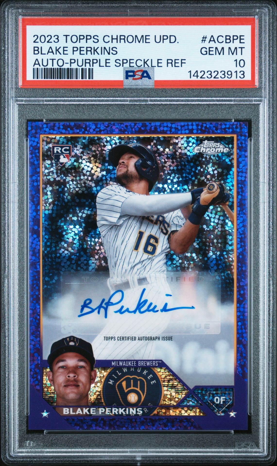 2023 Topps Chrome Update Autograph Blake Perkins #Acbpe (Auto-Purple Speckle Ref) Gem Mt 10 front