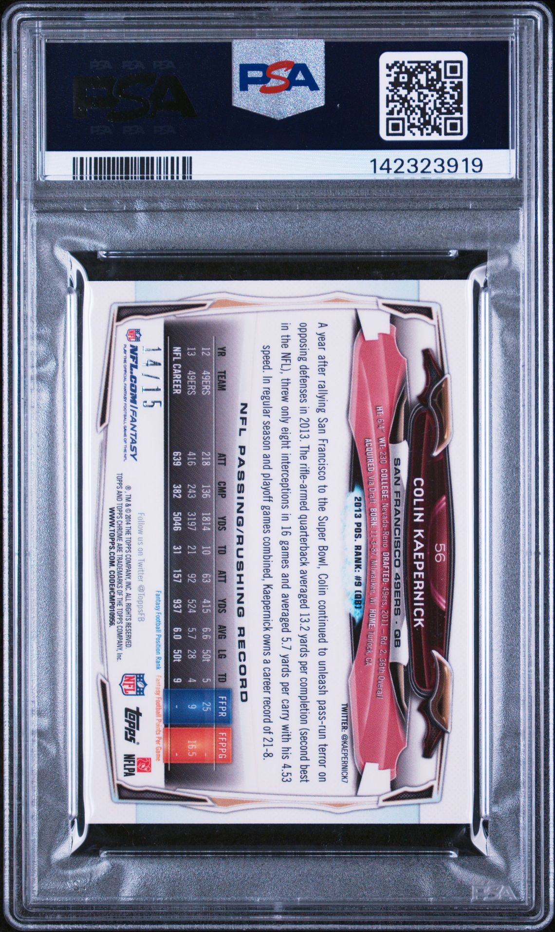 2014 Topps Chrome Mini Colin Kaepernick #56 (Throwing-Black Ref.) Mint 9 back