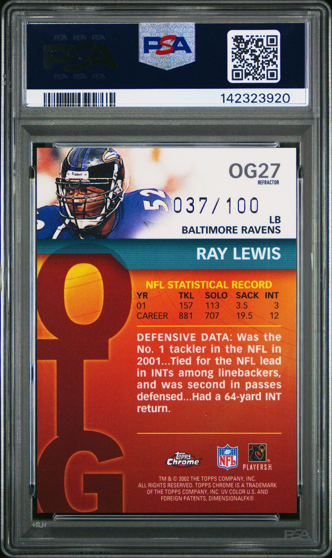 2002 Topps Chrome Own The Game Ray Lewis #Og27 (Own The Game-Refractor) Nm-Mt 8 back