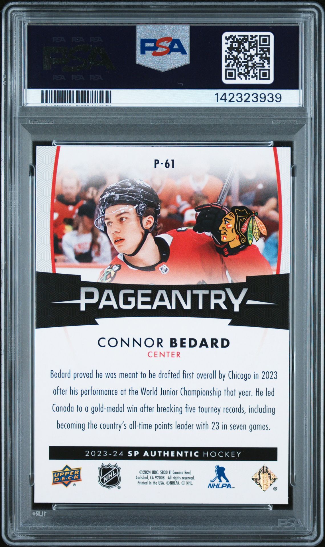 2023 Sp Authentic Pageantry Connor Bedard #P61 Mint 9 back
