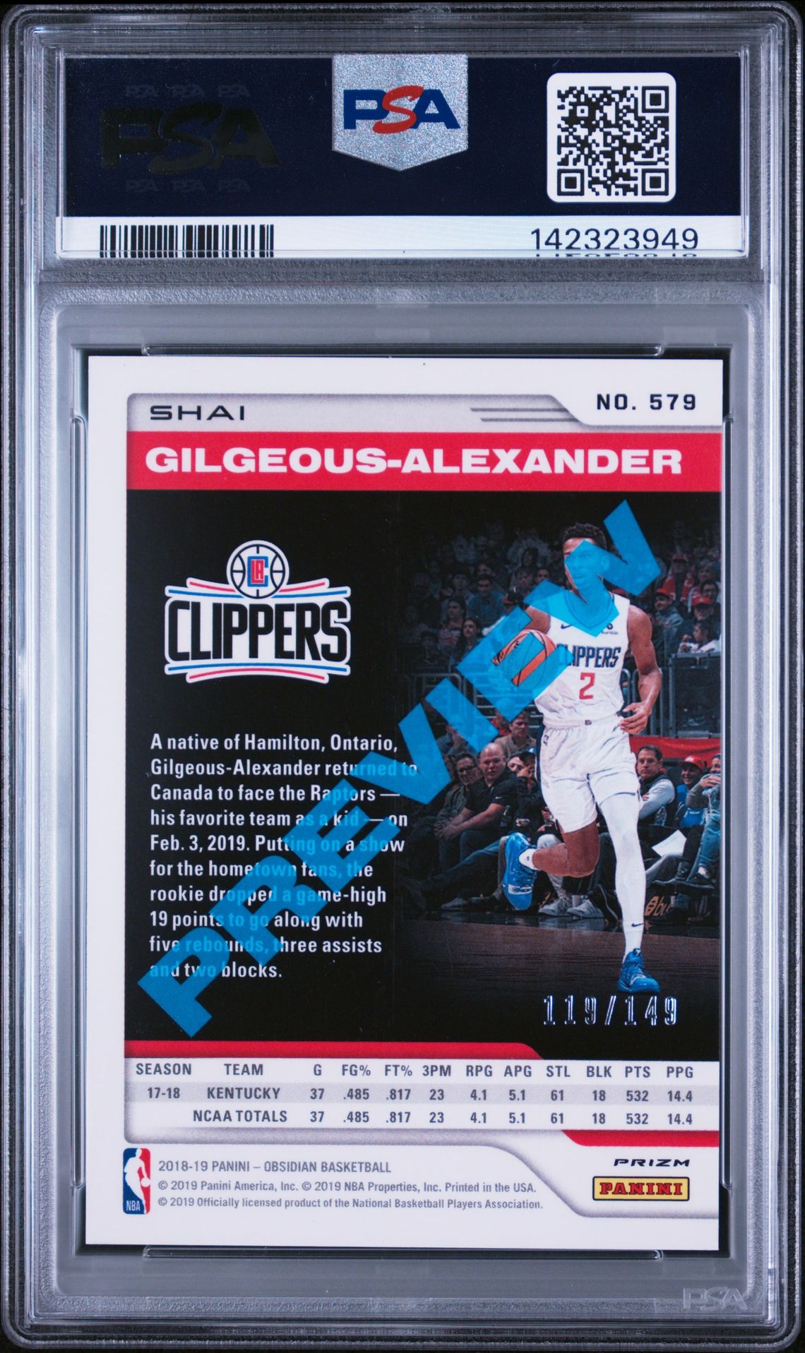 2018 Panini Chronicles S.gilgeous-Alexander #579 (Orange) Mint 9 back