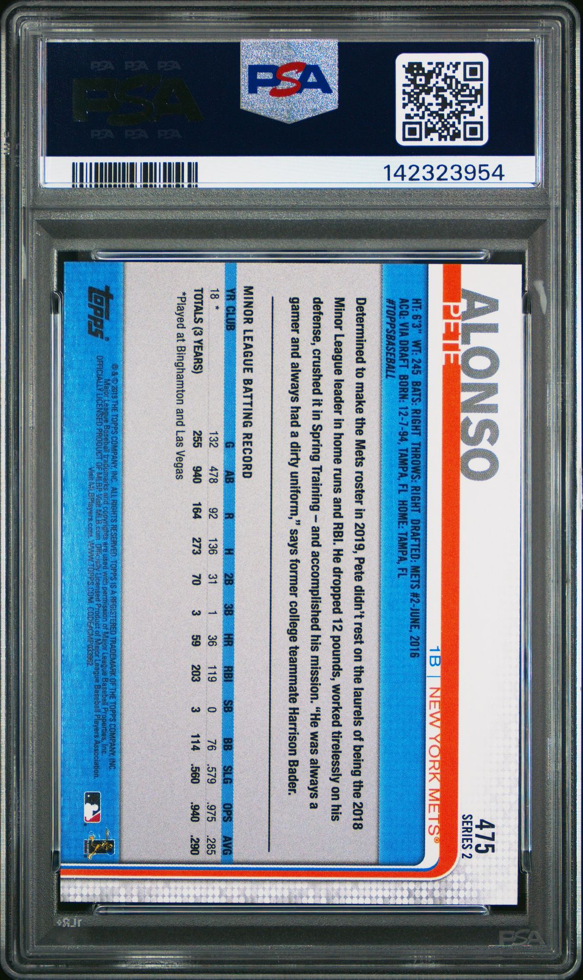 2019 Topps Pete Alonso #475 Gem Mt 10 back