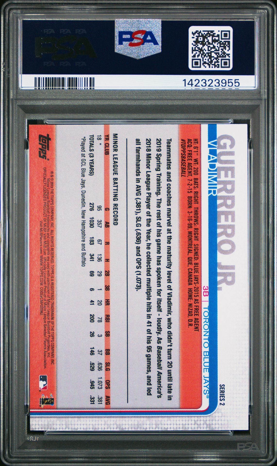 2019 Topps Vladimir Guerrero Jr. (Missing Card Number) Mint 9 back