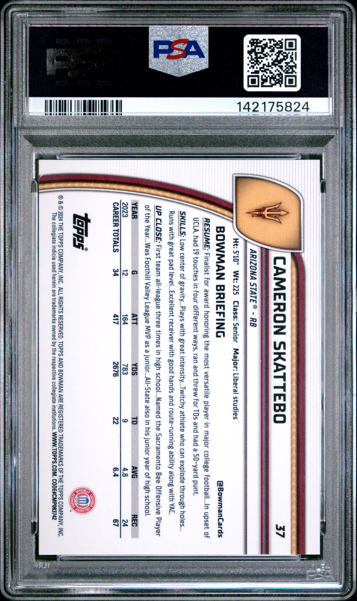 2024 Bowman University Chrome Cameron Skattebo #37 (Yellow Refractor) Mint 9 back