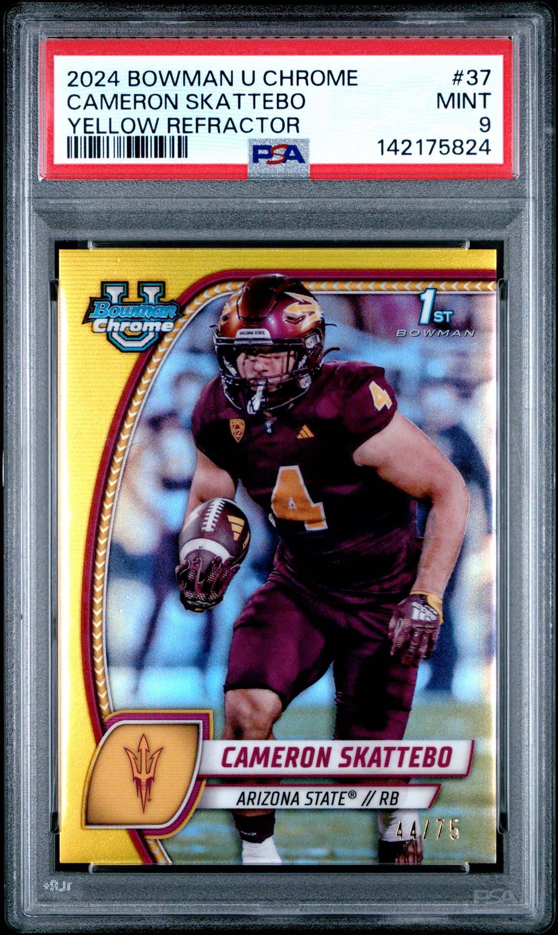 2024 Bowman University Chrome Cameron Skattebo #37 (Yellow Refractor) Mint 9 front