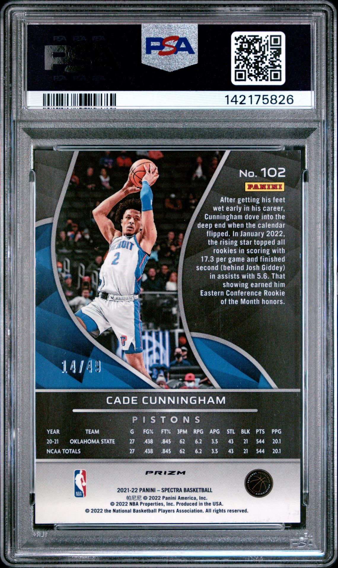 2021 Panini Spectra Cade Cunningham #102 (Interstellar) Gem Mt 10 back