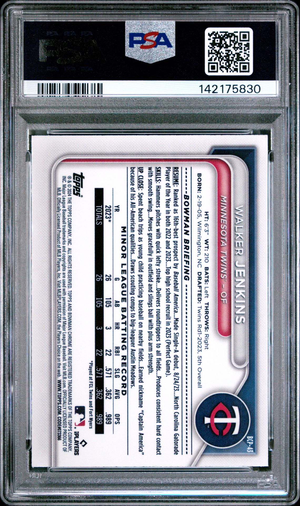 2024 Bowman Mega Box Chrome Prospects Walker Jenkins #43 (Chr-Prospects-Yellow Ref) Gem Mt 10 back