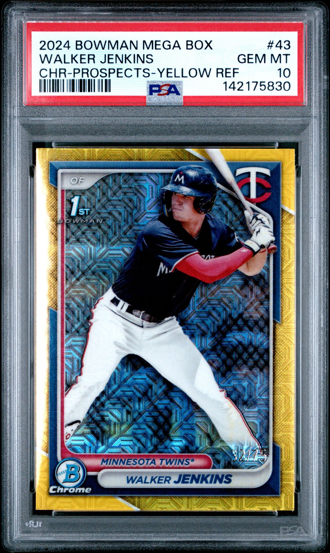 2024 Bowman Mega Box Chrome Prospects Walker Jenkins #43 (Chr-Prospects-Yellow Ref) Gem Mt 10 front