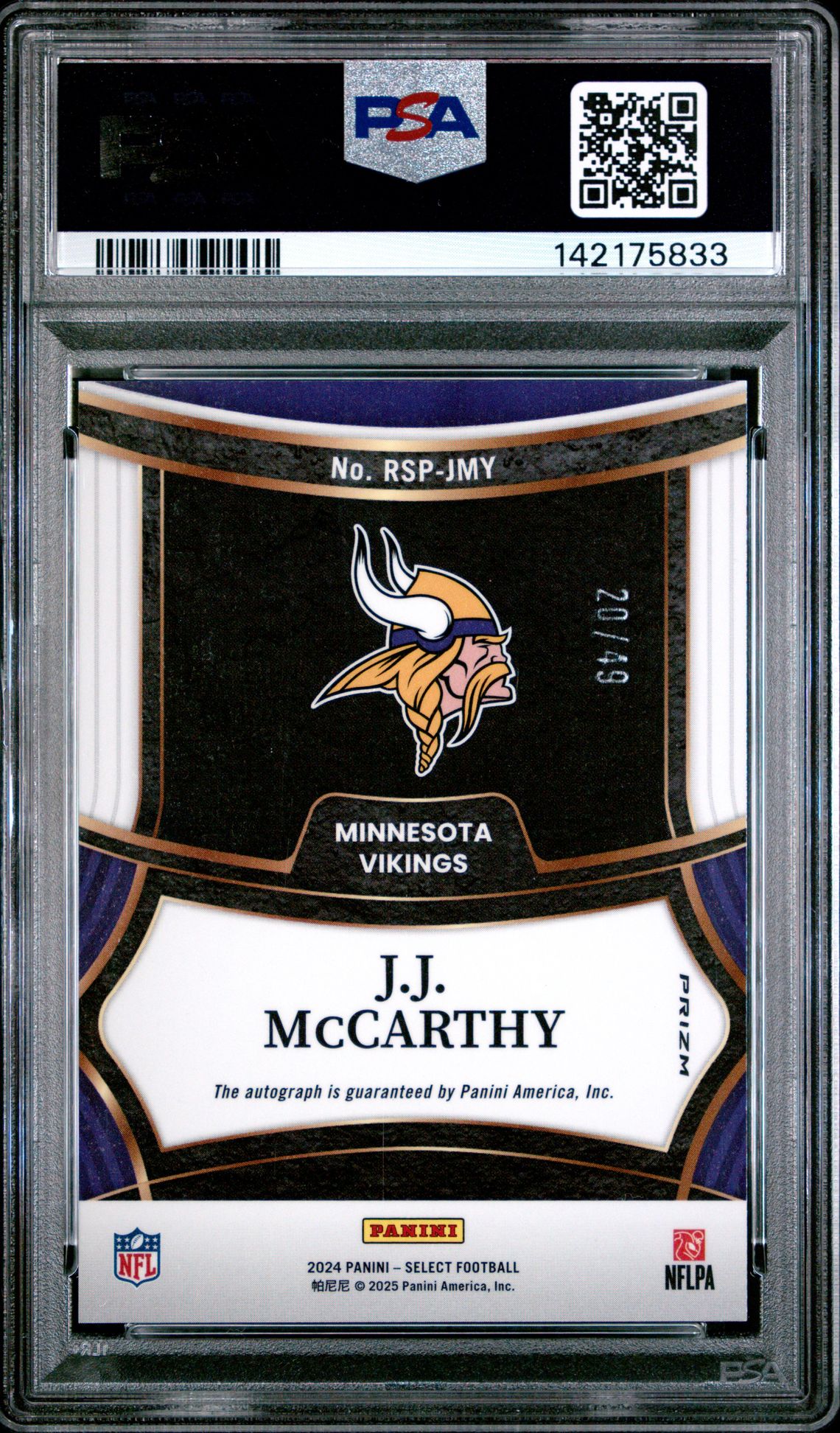 2024 Panini Select Rookie Signatures Jj Mccarthy #Rspjmy (Rookie Sig-Light Blue Prizm) Mint 9 back