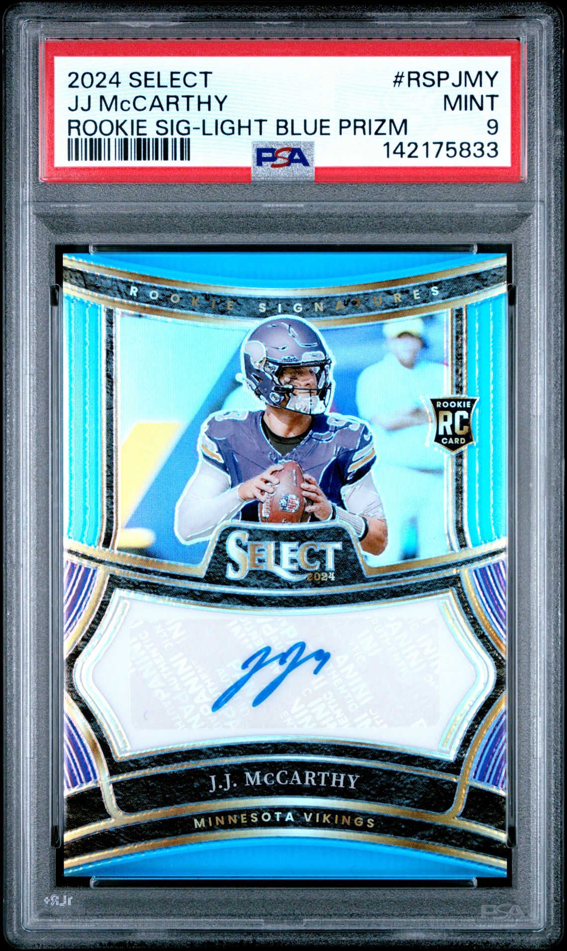 2024 Panini Select Rookie Signatures Jj Mccarthy #Rspjmy (Rookie Sig-Light Blue Prizm) Mint 9 front