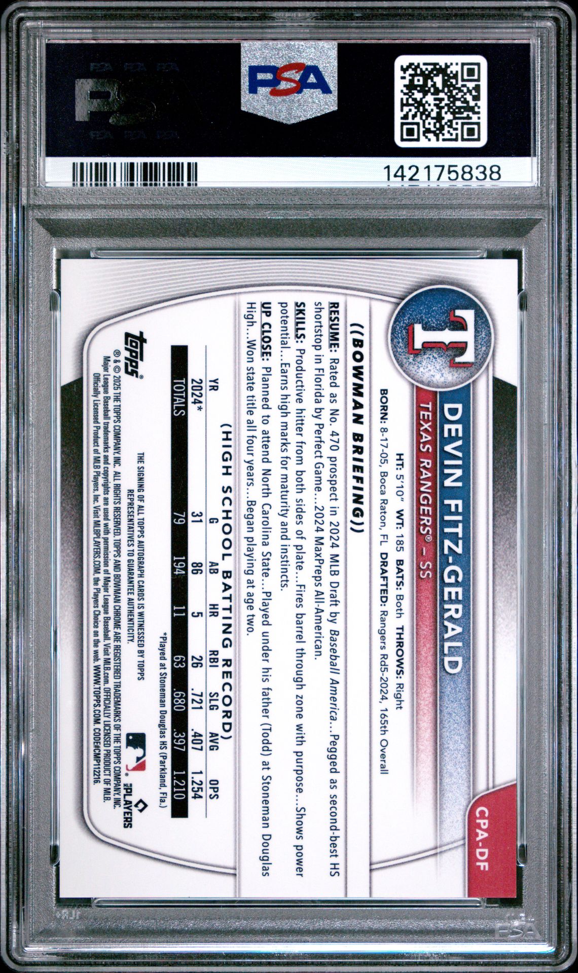 2025 Bowman Chrome Prospect Autographs Devin Fitz-Gerald #Cpadf (Chrome Pros Auto-Gum Ball) Gem Mt 10 back