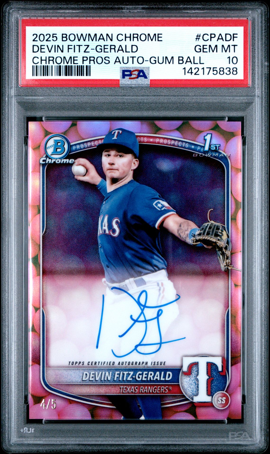 2025 Bowman Chrome Prospect Autographs Devin Fitz-Gerald #Cpadf (Chrome Pros Auto-Gum Ball) Gem Mt 10 front