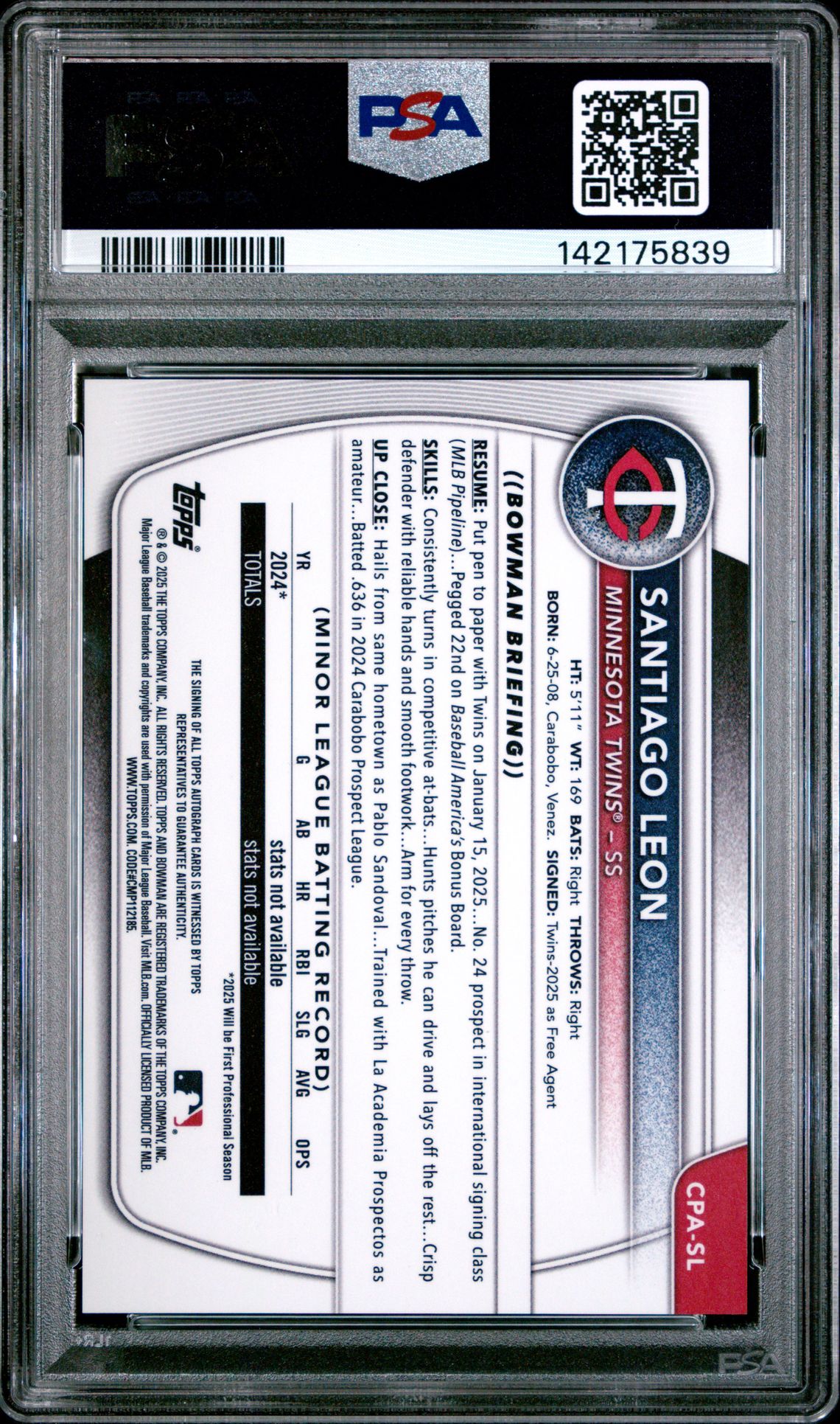 2025 Bowman Chrome Prospect Autographs Santiago Leon #Cpasl (Chr Pros Auto-Gold Mini Dia) Gem Mt 10 back view - PSA certificate #142175839