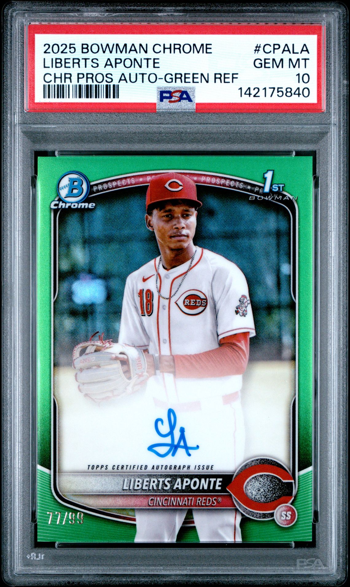 2025 Bowman Chrome Prospect Autographs Liberts Aponte #Cpala (Chr Pros Auto-Green Ref) Gem Mt 10 front