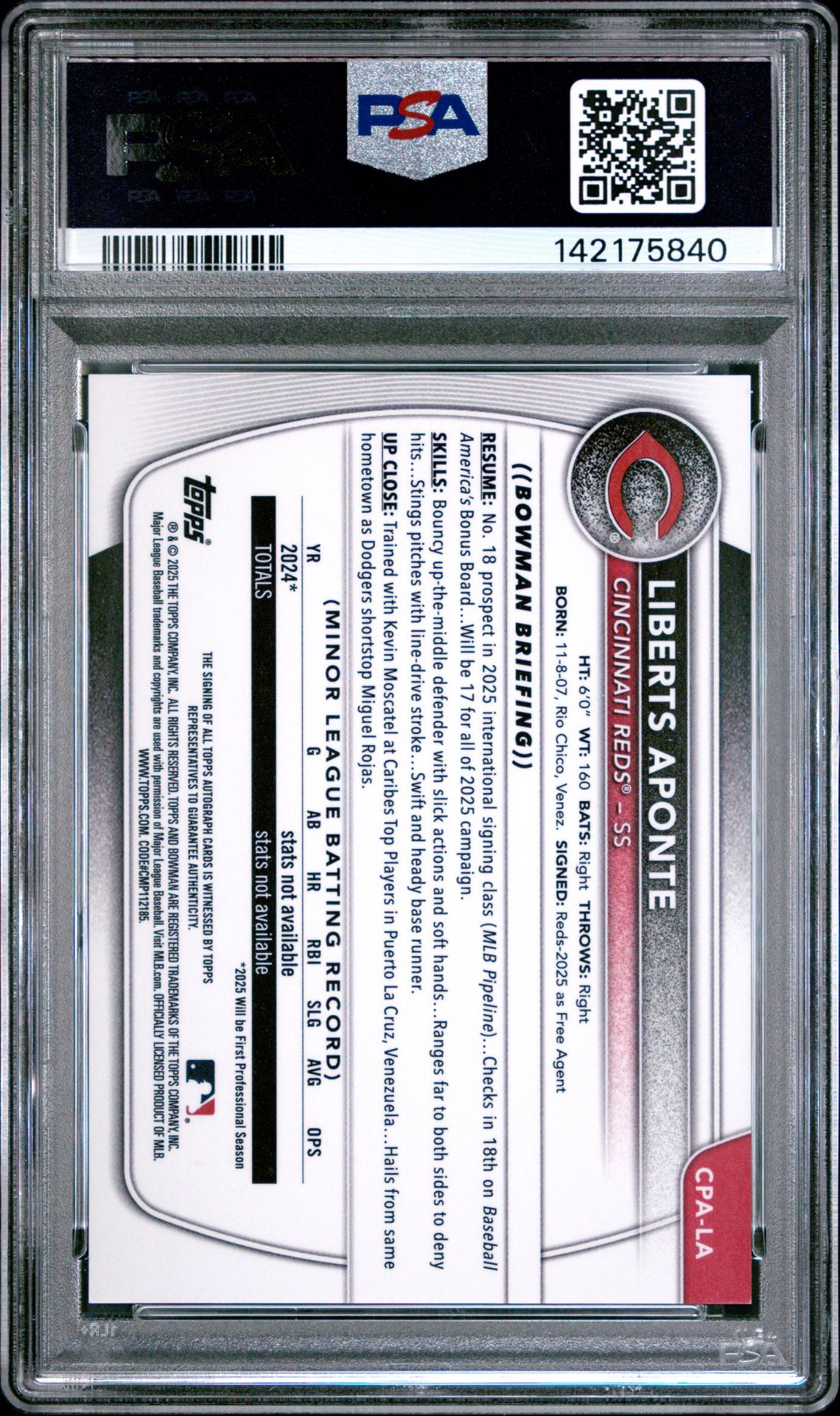 2025 Bowman Chrome Prospect Autographs Liberts Aponte #Cpala (Chr Pros Auto-Green Ref) Gem Mt 10 back