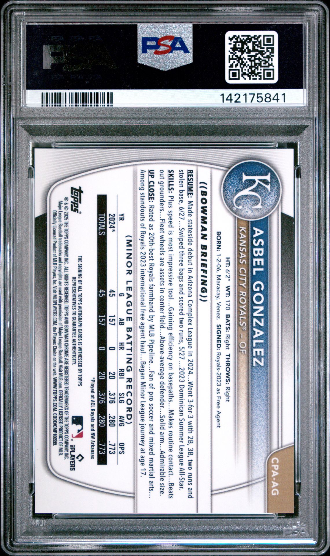 2025 Bowman Chrome Prospect Autographs Asbel Gonzalez #Cpaag Gem Mt 10 back view - PSA certificate #142175841