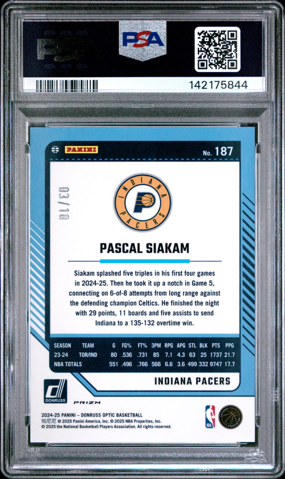 2024 Panini Donruss Optic Pascal Siakam #187 (Gold Fast Break) Gem Mt 10 back