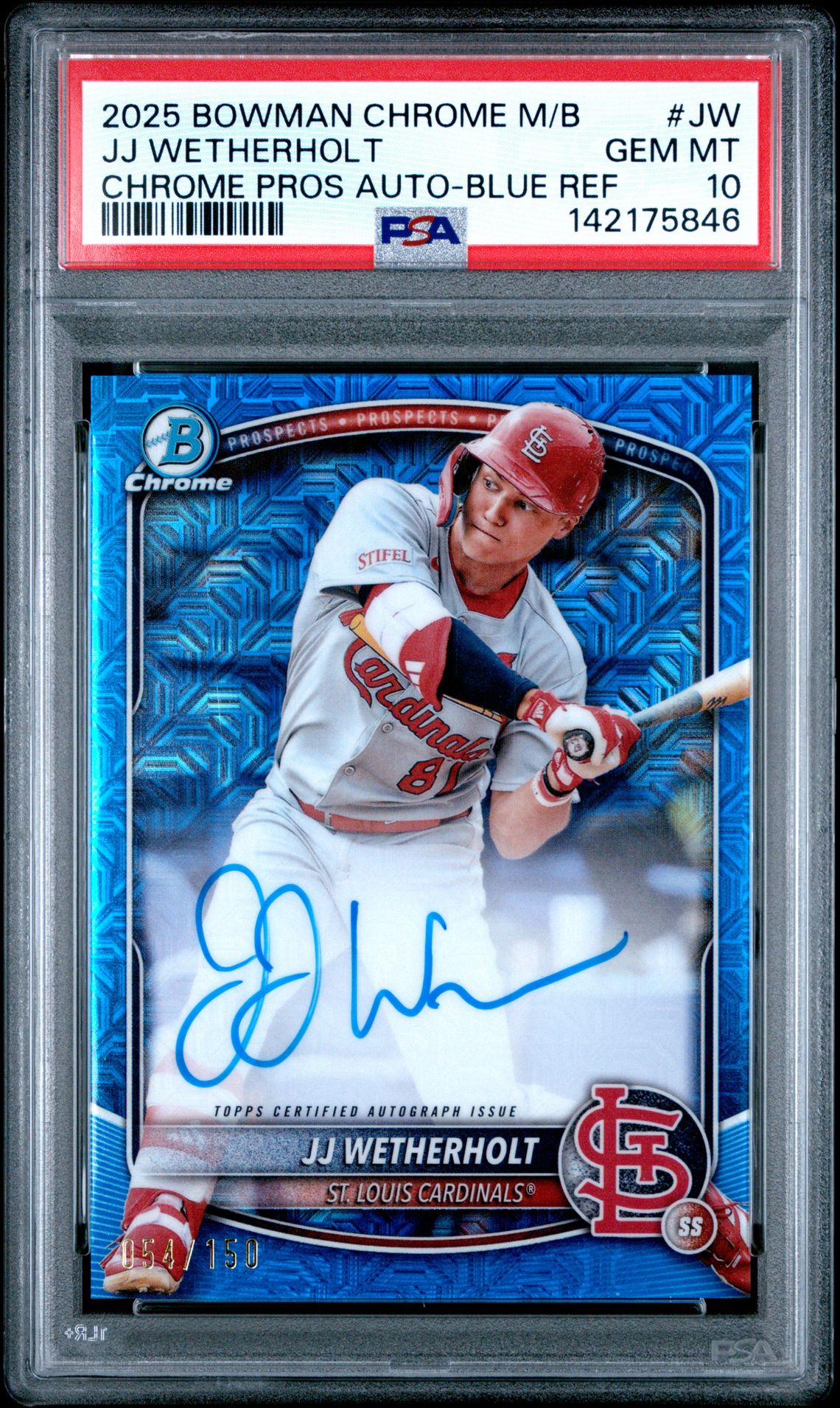 2025 Bowman Chrome Mega Box Chrome Prospects Autographs Jj Wetherholt #Jw (Chrome Pros Auto-Blue Ref) Gem Mt 10 front