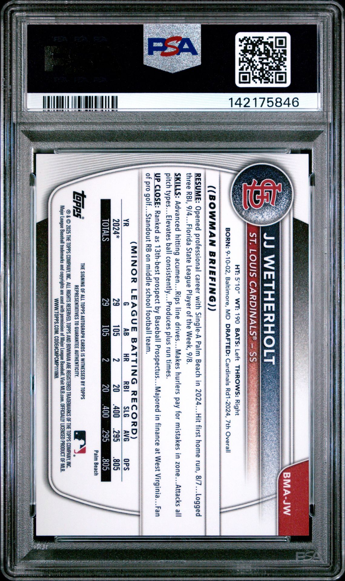 2025 Bowman Chrome Mega Box Chrome Prospects Autographs Jj Wetherholt #Jw (Chrome Pros Auto-Blue Ref) Gem Mt 10 back