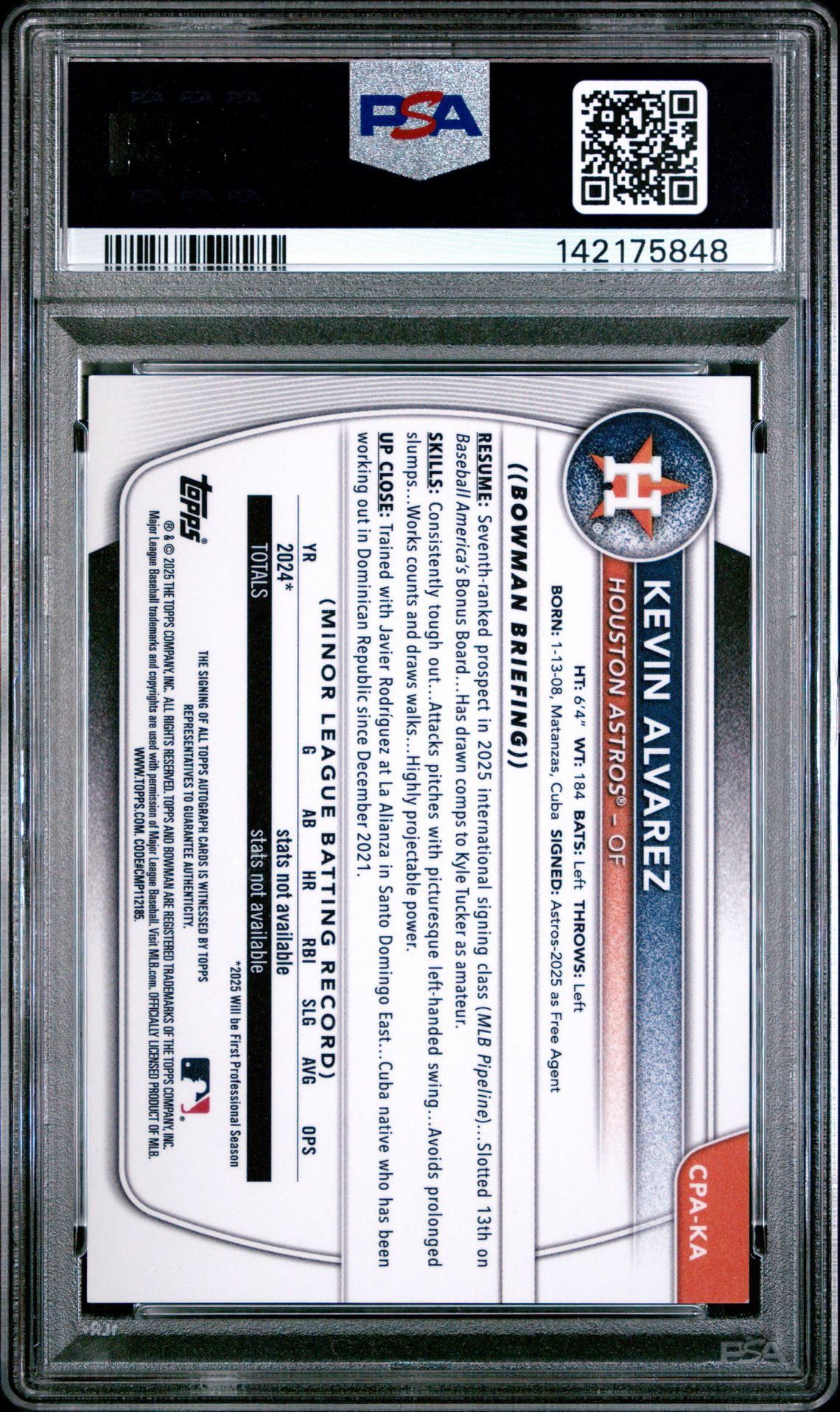 2025 Bowman Chrome Prospect Autographs Kevin Alvarez #Cpaka (Chrome Pros Au-Speckle Ref) Mint 9 back