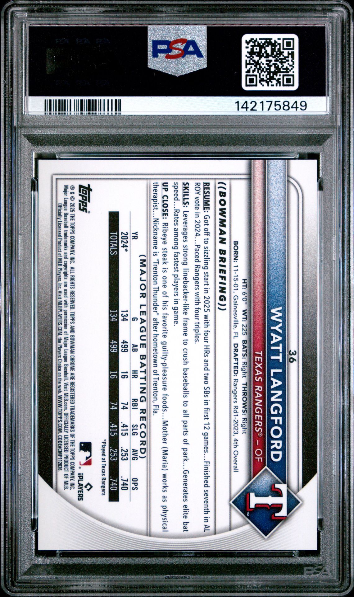 2025 Bowman Chrome Wyatt Langford #36 (Black Geometric) Gem Mt 10 back