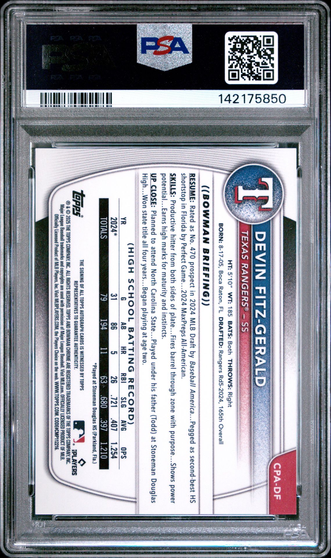 2025 Bowman Chrome Prospect Autographs Devin Fitz-Gerald #Cpadf (Chr Pros Auto-Red Shimmer) Gem Mt 10 back