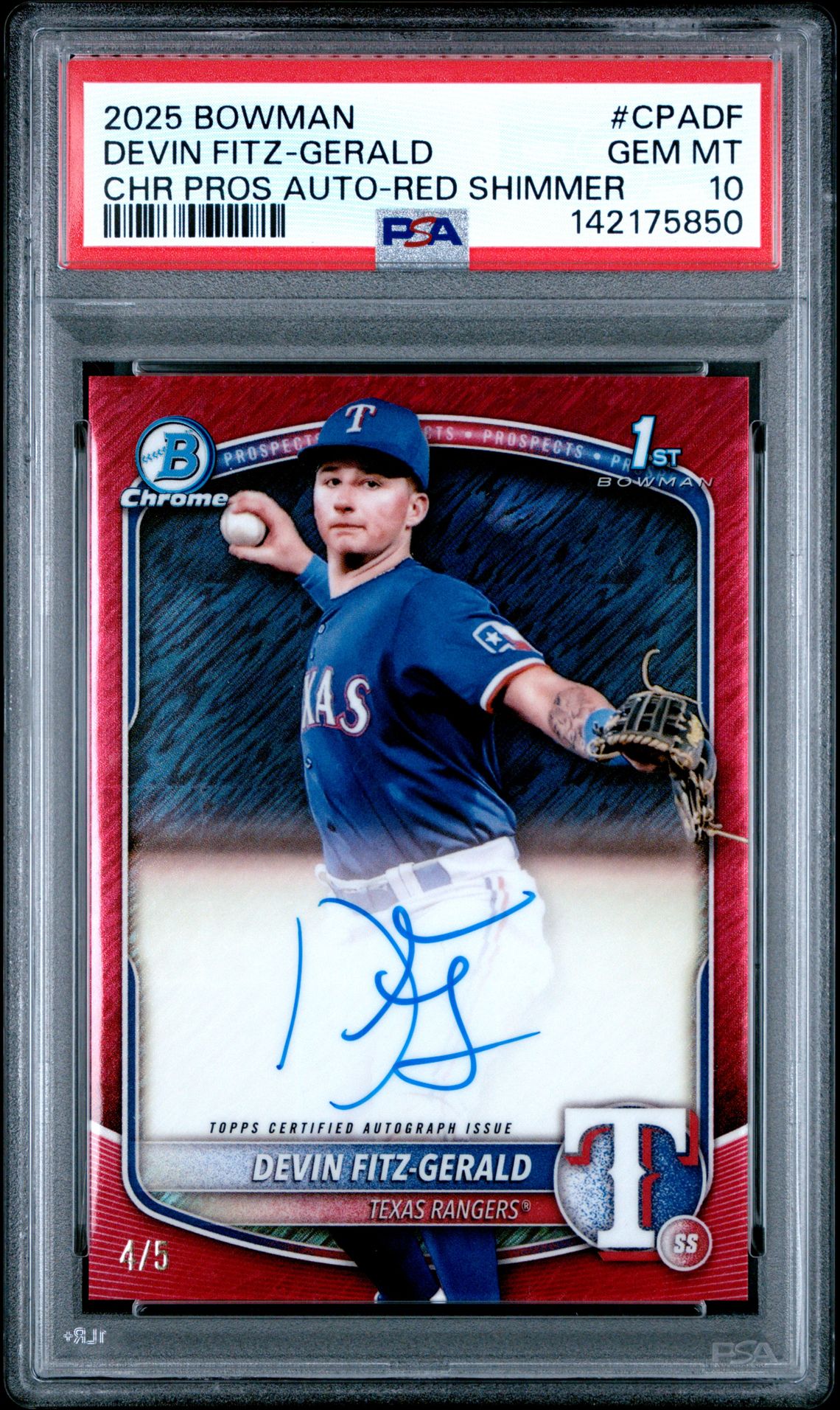 2025 Bowman Chrome Prospect Autographs Devin Fitz-Gerald #Cpadf (Chr Pros Auto-Red Shimmer) Gem Mt 10 front