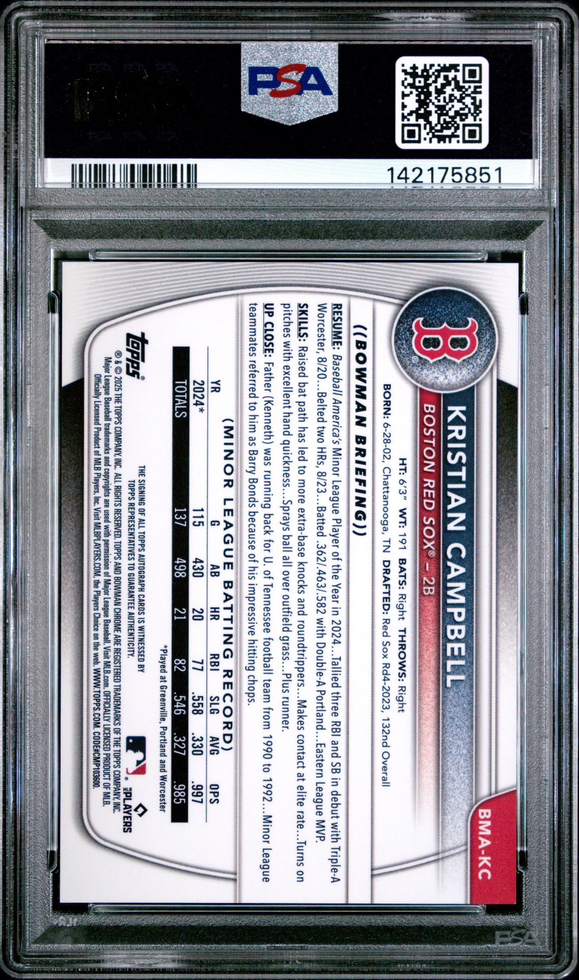 2025 Bowman Mega Box Bowman Prospect Mega Autographs Kristian Campbell #Kc (Bwm Pros Mega Au-Blue Ref) Mint 9 back