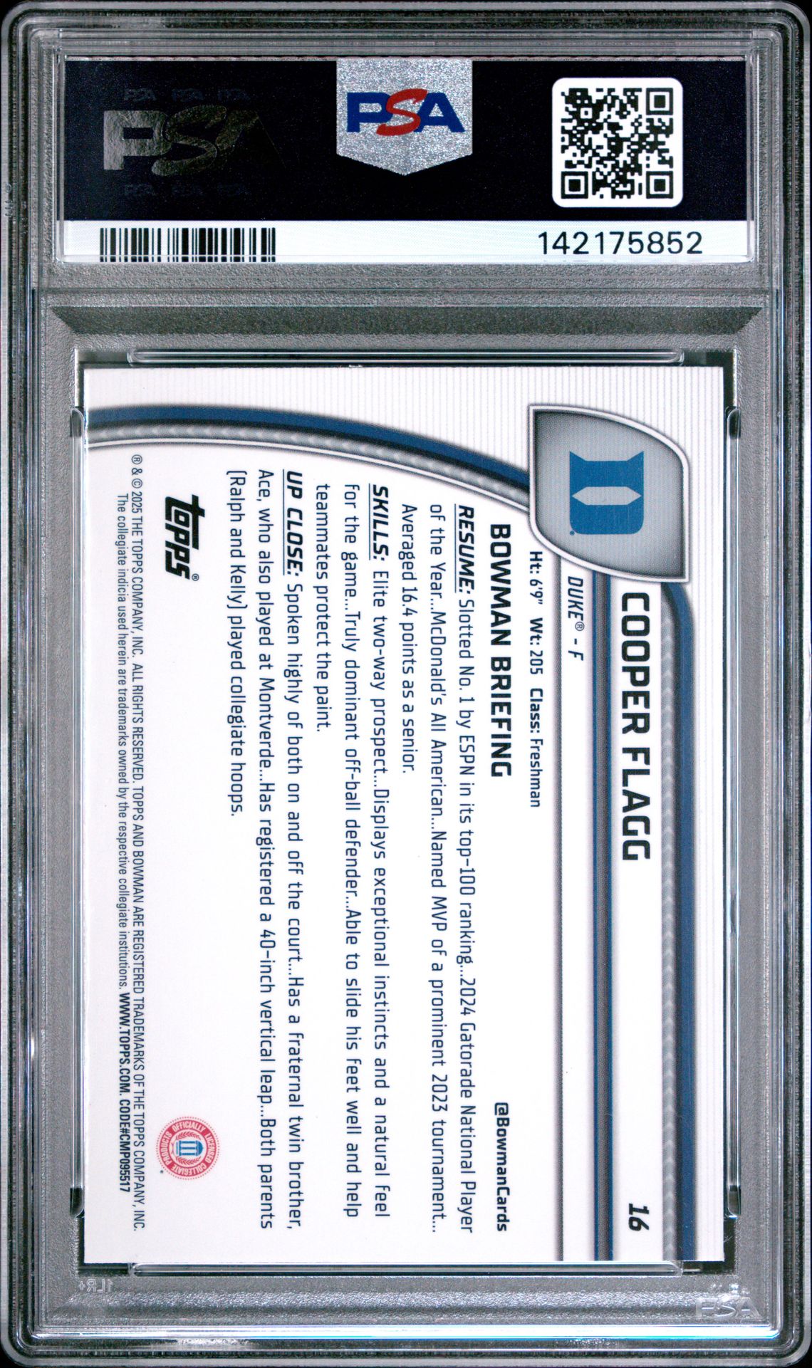 2024 Bowman University Chrome Sapphire Cooper Flagg #16 Gem Mt 10 back