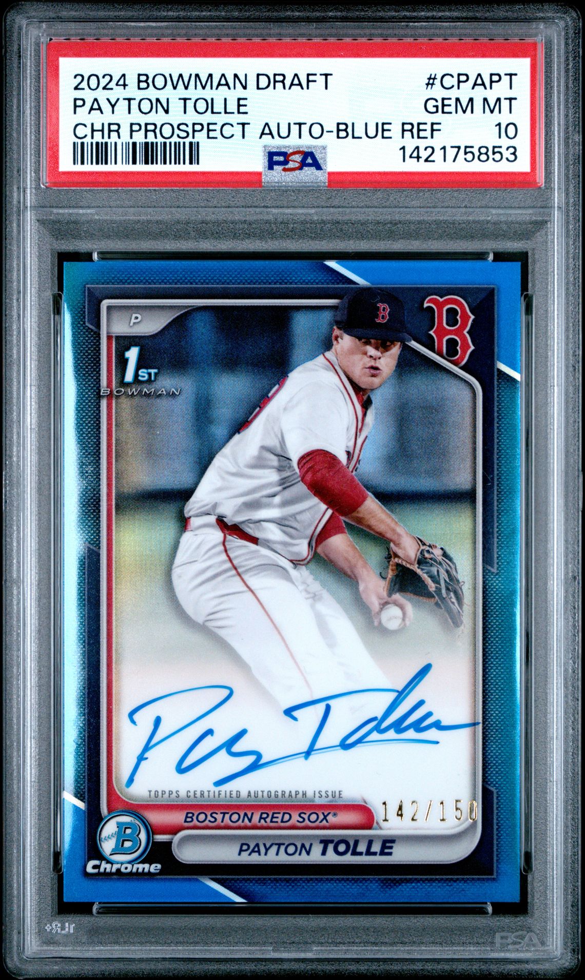 2024 Bowman Draft Chrome Prospect Autographs Payton Tolle #Cpapt (Chr Prospect Auto-Blue Ref) Gem Mt 10 front