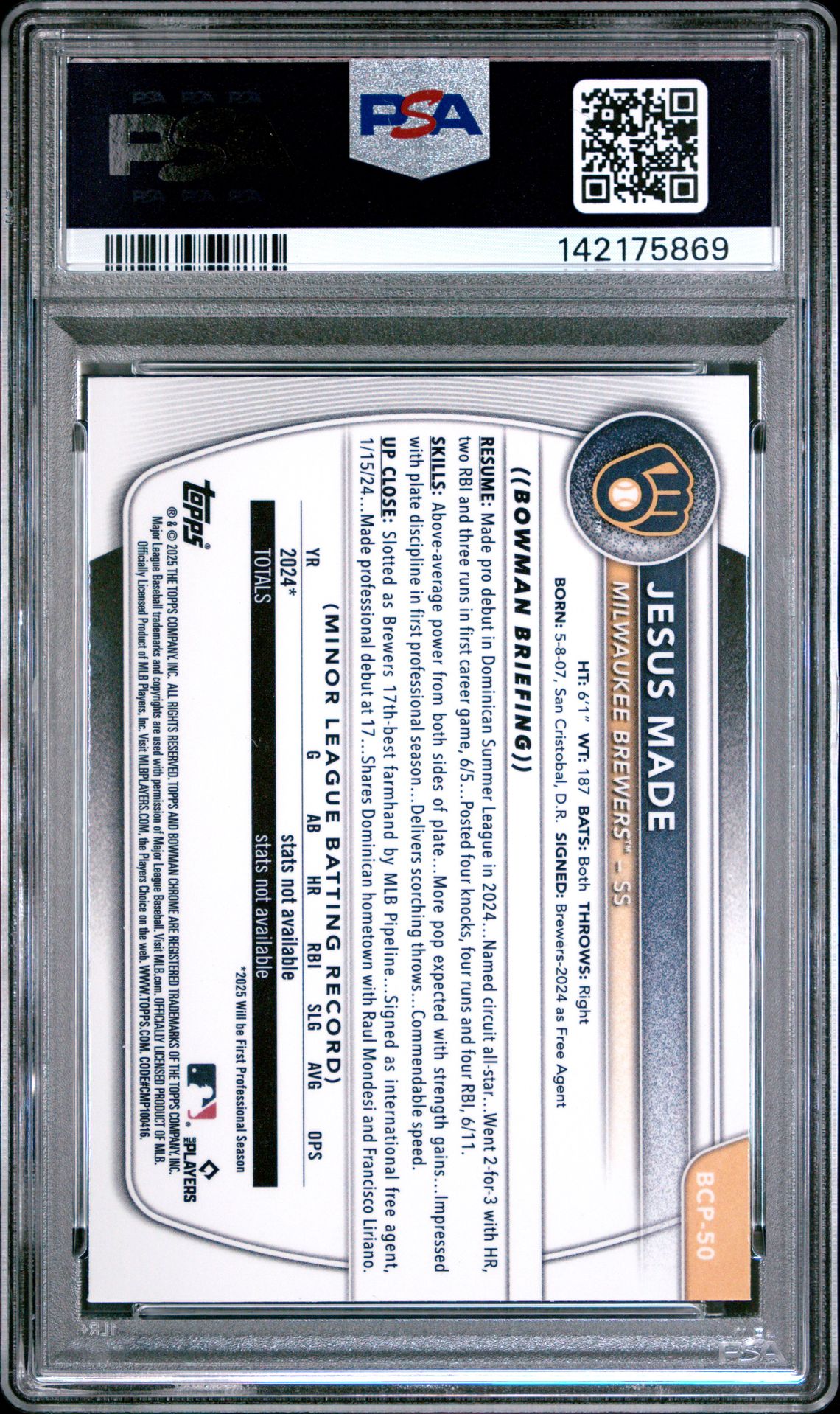 2025 Bowman Sapphire Edition Chrome Prospects Jesus Made #Bcp50 Gem Mt 10 back