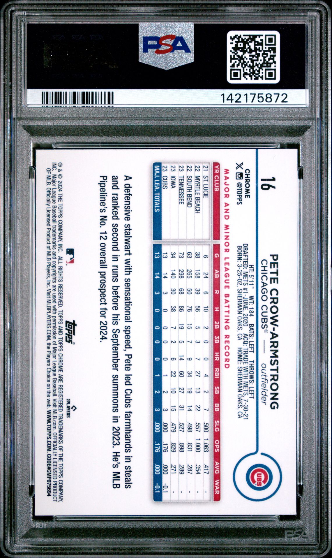 2024 Topps Chrome Pete Crow-Armstrong #16 (Purple Speckle Refractor) Gem Mt 10 back