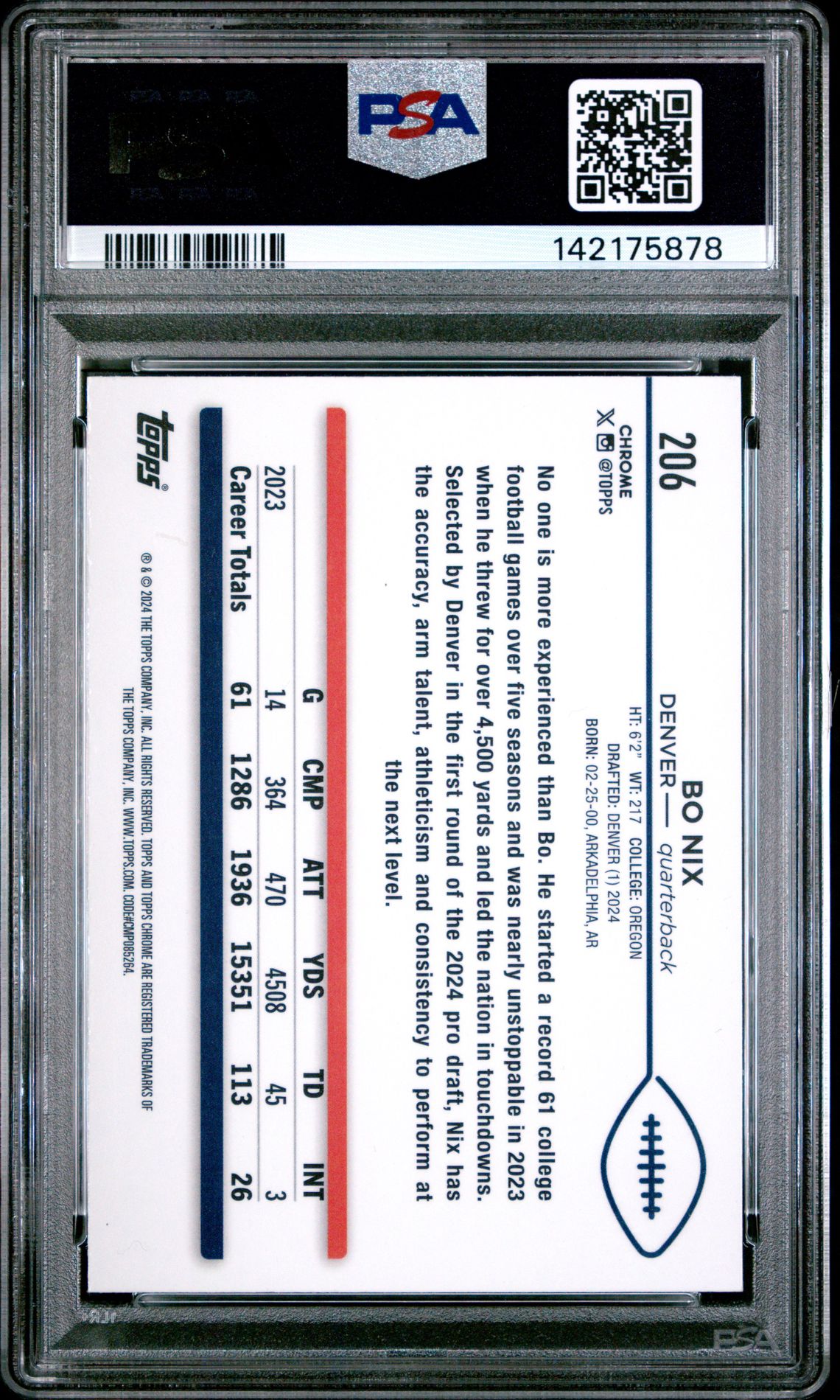 2024 Topps Chrome Bo Nix #206 (Prism Refractor) Mint 9 back