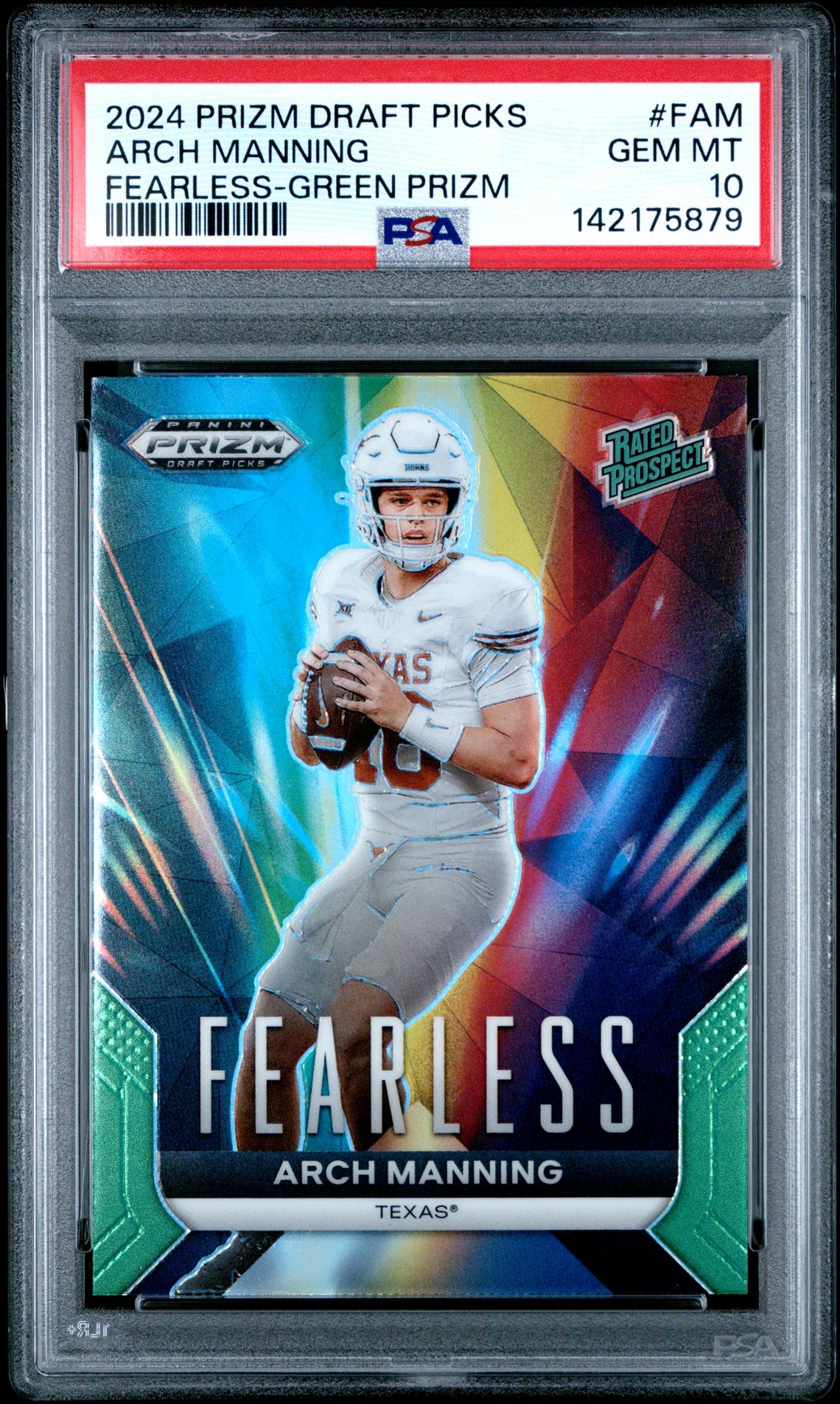 2024 Panini Prizm Draft Picks Fearless Arch Manning #Fam (Fearless-Green Prizm) Gem Mt 10 front