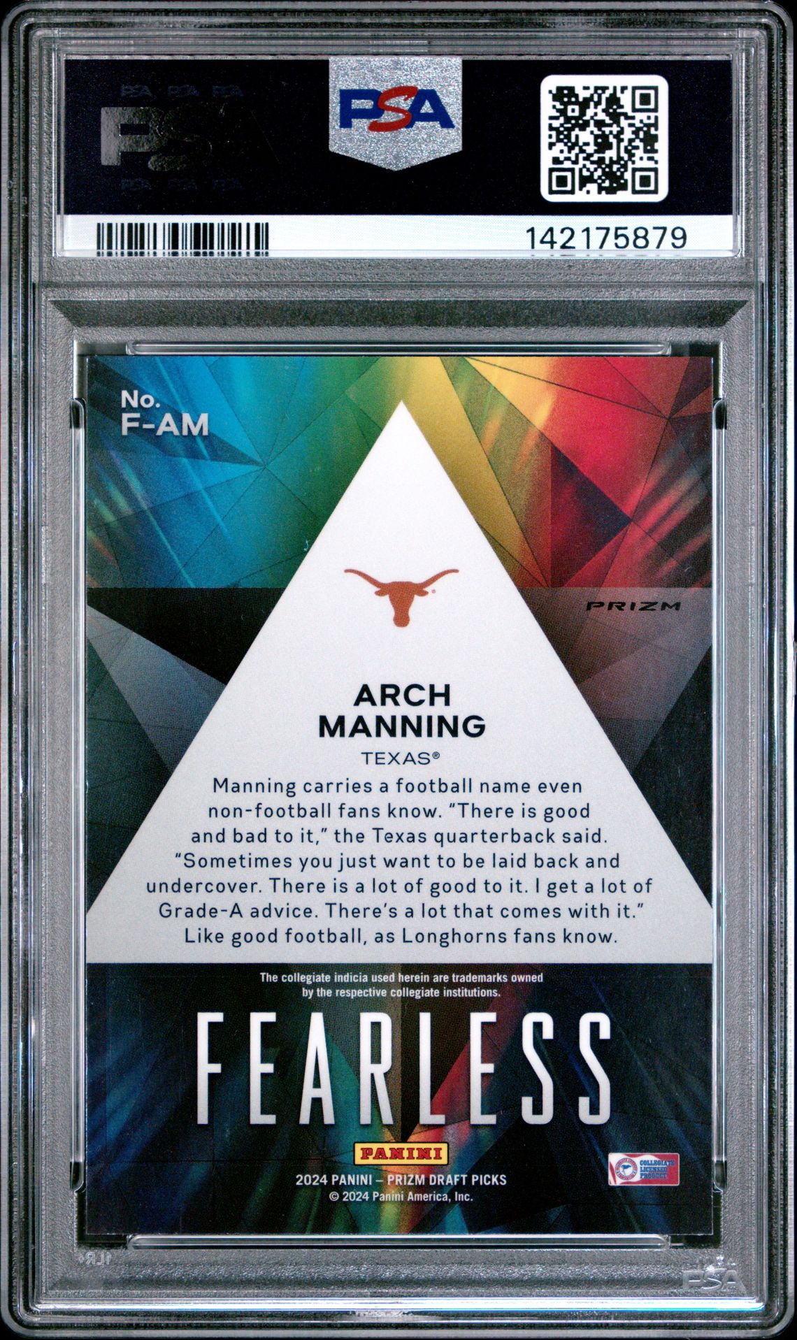2024 Panini Prizm Draft Picks Fearless Arch Manning #Fam (Fearless-Green Prizm) Gem Mt 10 back