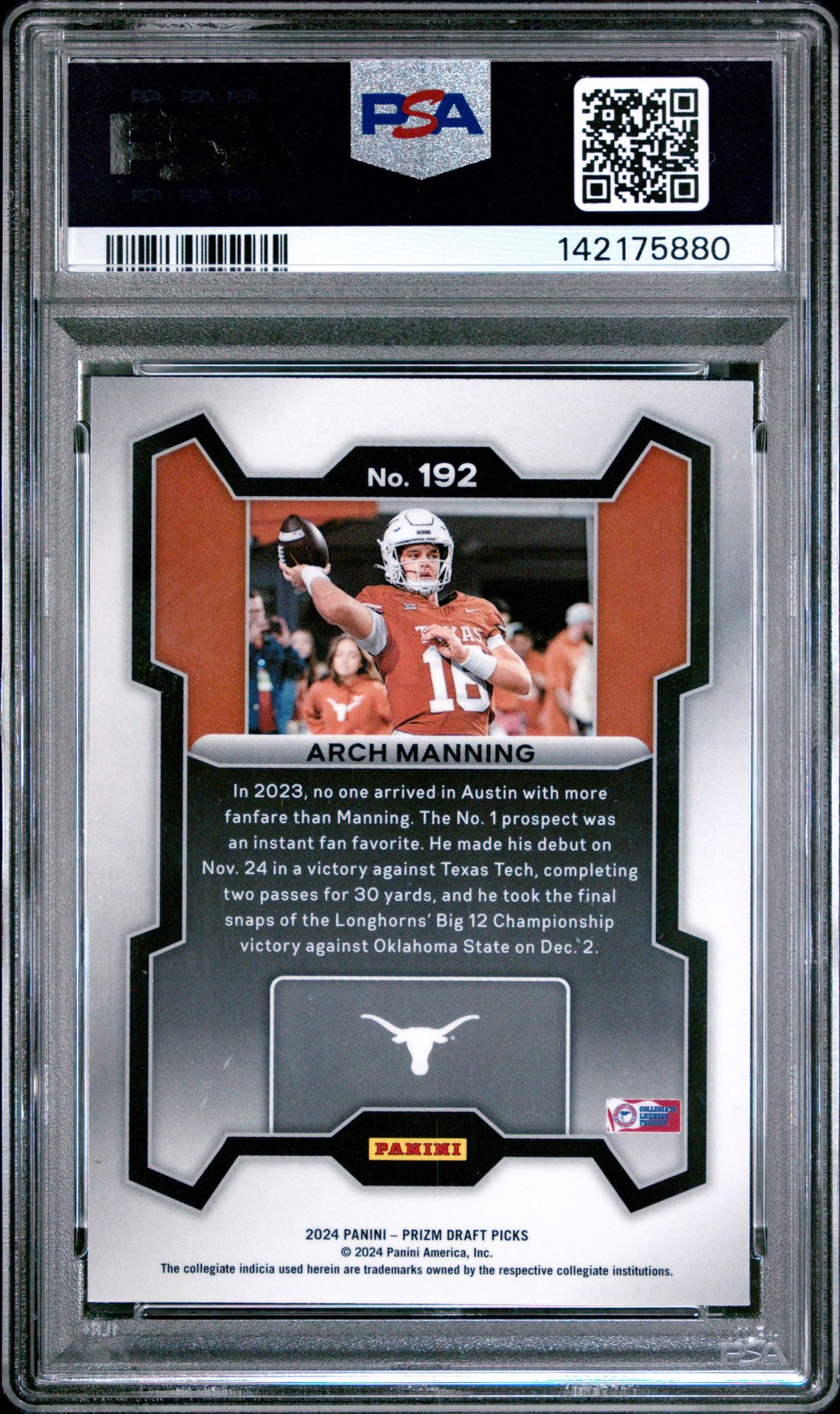 2024 Panini Prizm Draft Picks Arch Manning #192 Mint 9 back