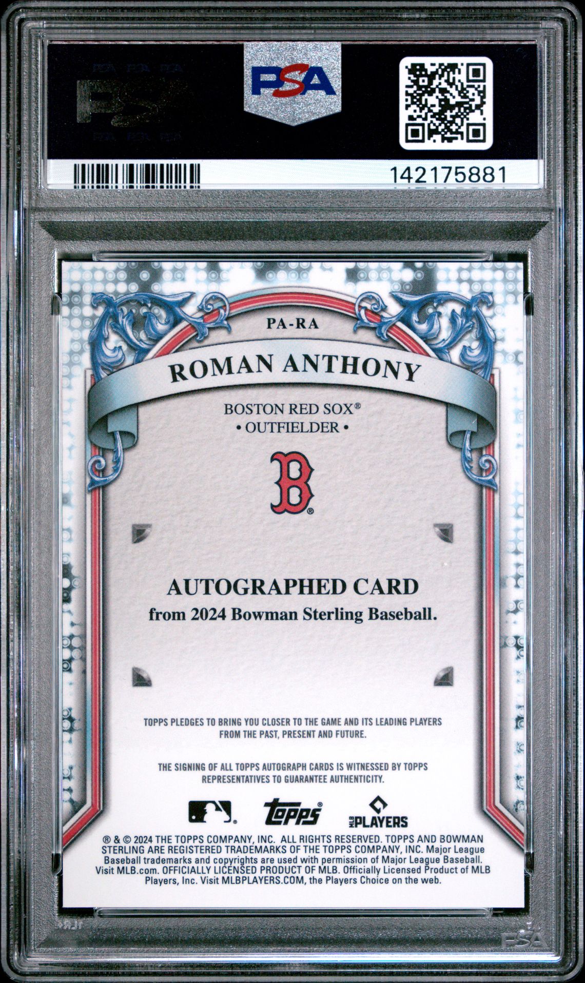 2024 Bowman Sterling Prospect Autographs Roman Anthony #Para Gem Mt 10 back