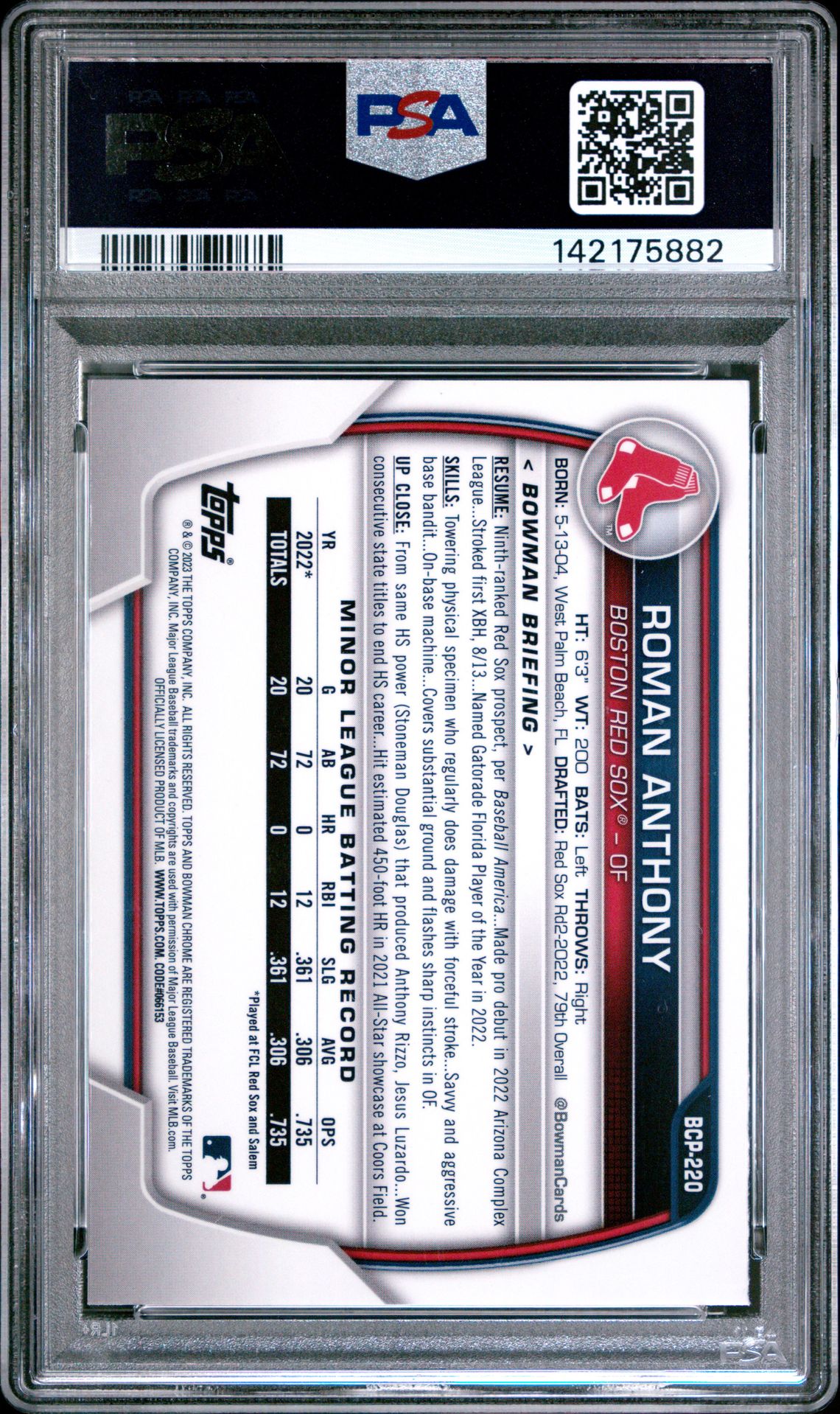 2023 Bowman Chrome Sapphire Edition Prospects Roman Anthony #220 Gem Mt 10 back