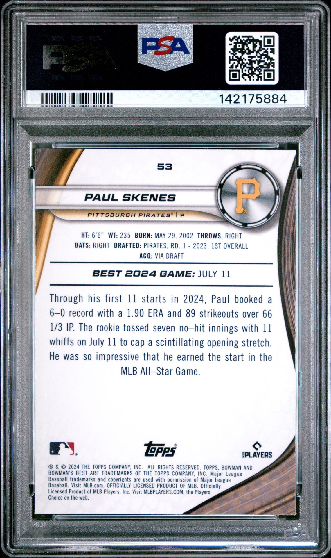 2024 Bowman's Best Paul Skenes #53 Gem Mt 10 back